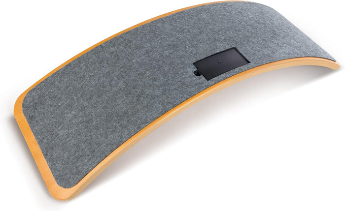 Curved wooden board with a grey felt surface and a small black battery compartment in the center.