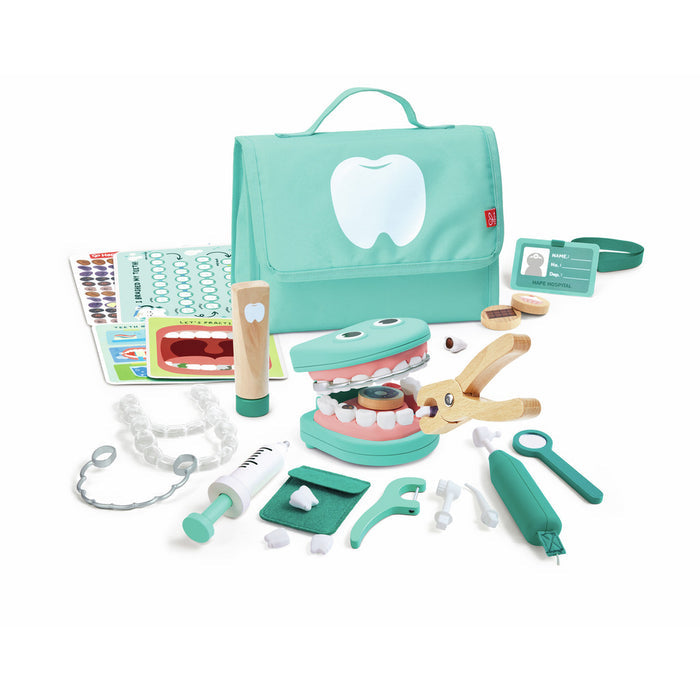 Mint green bag with wooden toy dental tools, teeth with braces, and accessories for children's pretend play.
