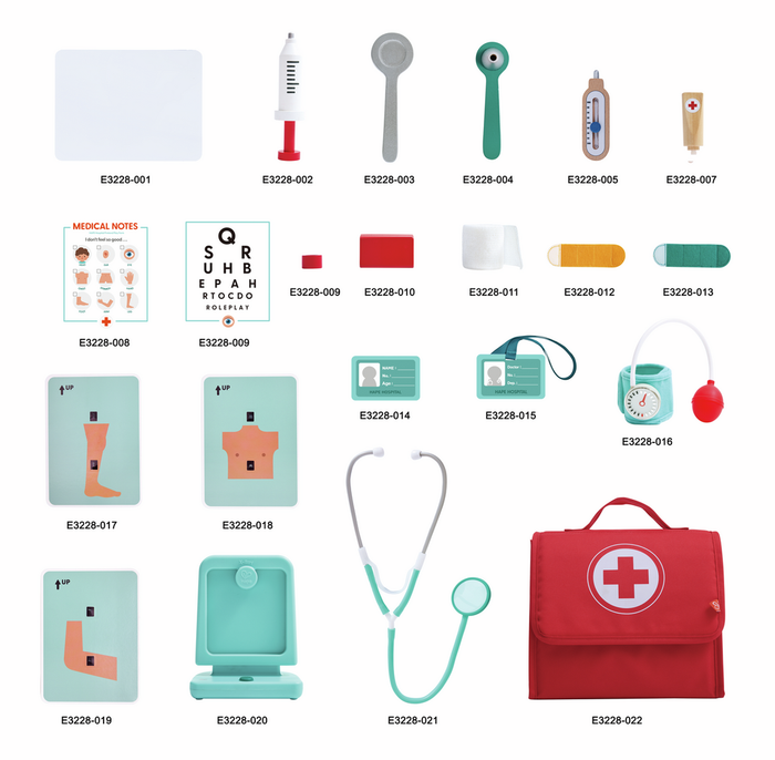 22 toy medical tools including a red bag and teal stethoscope, labeled with item codes on a white background.
