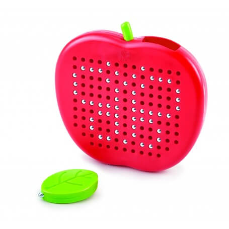 Red apple-shaped magnetic drawing board with a grid of metal beads and a green leaf-shaped stylus.