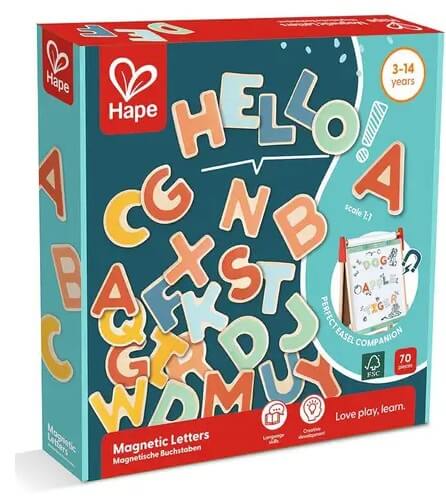 Teal and red box featuring 70 colorful magnetic uppercase alphabets in orange, yellow, and blue spelling out HELLO!