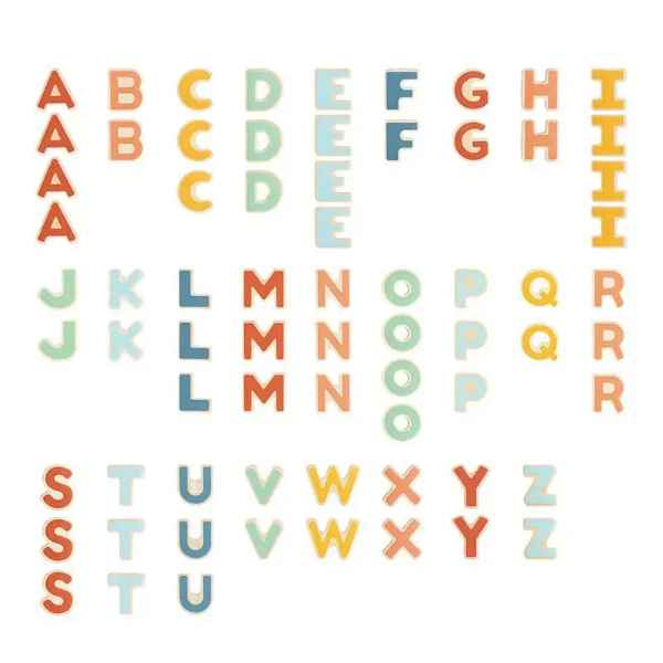 Set of colorful wooden uppercase magnetic letters in muted tones of orange, yellow, blue, and green.