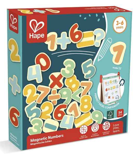 Teal and red box featuring colorful magnetic numbers and math symbols, with an easel illustration for ages 3 to 6.