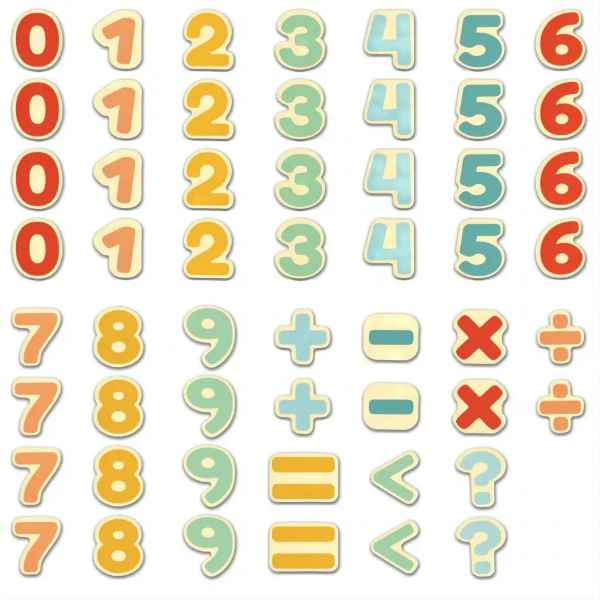 Set of colorful magnetic numbers 0-9 and math symbols with rounded edges in red, orange, yellow, green, and blue.