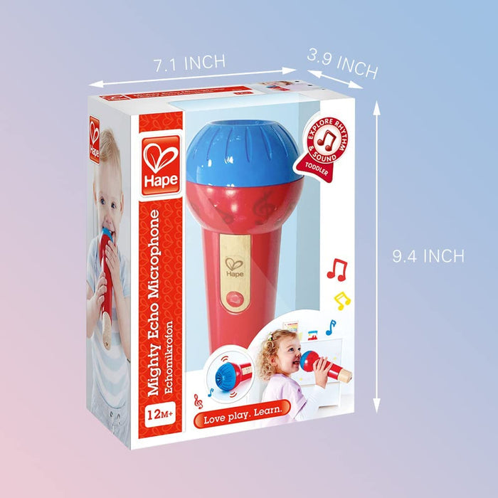 Red and blue toy microphone in a white box with 7.1 x 3.9 x 9.4 inch dimensions and photos of kids playing.
