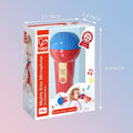 Red and blue toy microphone in a white box with 7.1 x 3.9 x 9.4 inch dimensions and photos of kids playing.