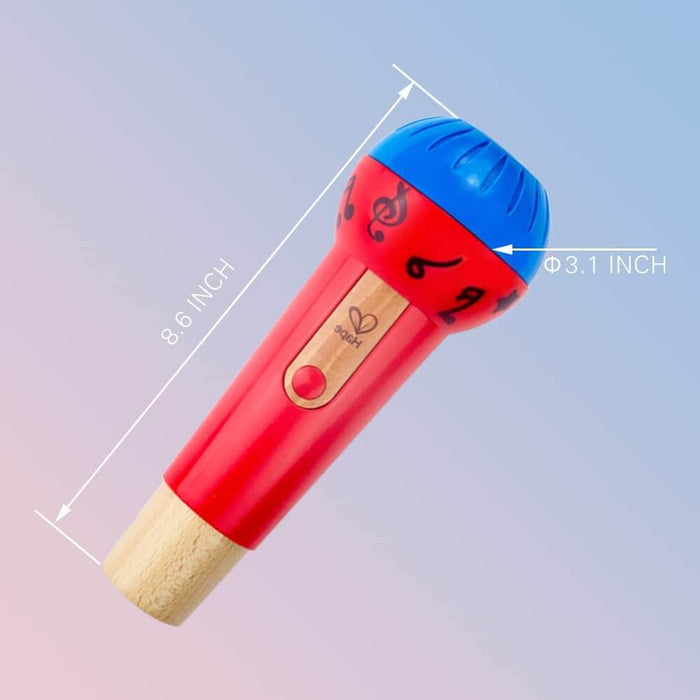Red and blue toy microphone with music notes and wooden handle, showing its 8.6-inch length and 3.1-inch width.