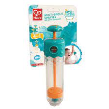 Teal and orange pump-action bath toy with a clear cylinder on retail packaging showing a child playing in water.