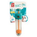 Teal and orange pump-action bath toy with a clear cylinder on retail packaging showing a child playing in water.