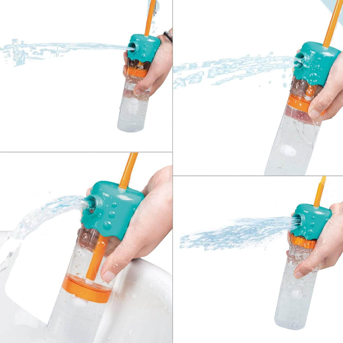 Hand-held teal and orange water sprayer toy emitting four different water spray patterns.