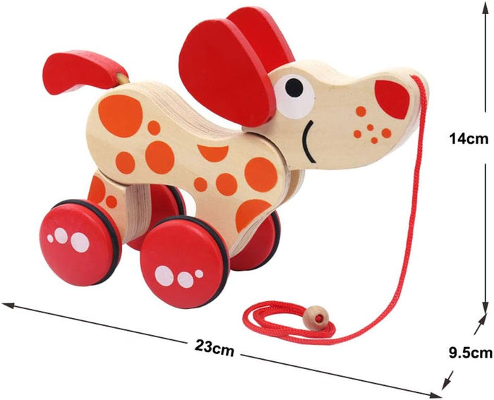 Wooden dog pull toy with red ears and orange spots. Dimensions labeled: 14cm height, 23cm length, and 9.5cm width.