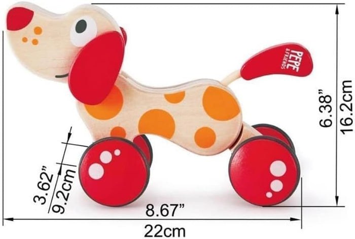 Wooden pull-along dog with orange spots and red ears. Diagram shows its dimensions as 22cm long and 16.2cm tall.