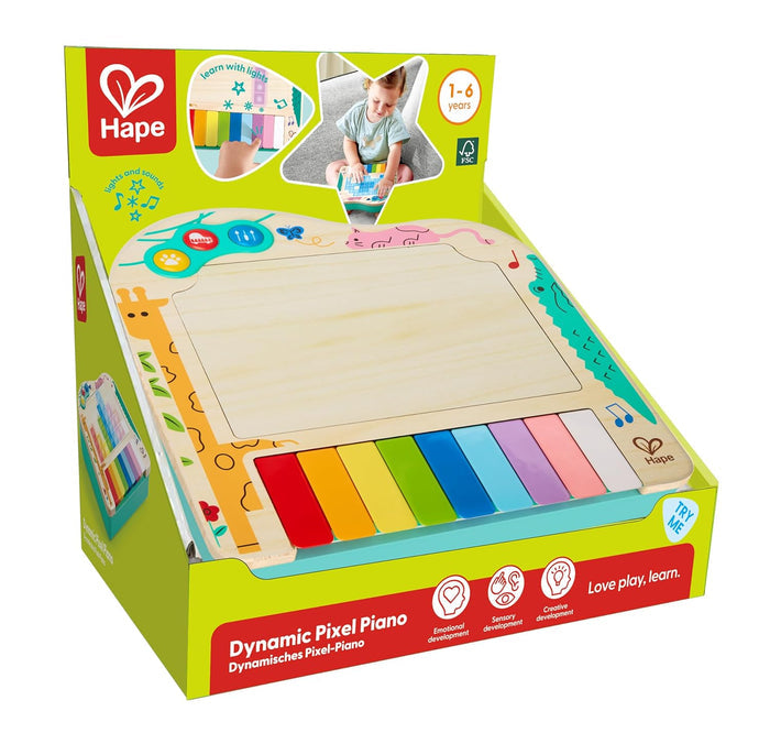 Wooden toy piano with rainbow keys and animal graphics in a green display box for ages 1-6.