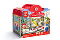 Red house-shaped toy station packaging with a clock handle, featuring a high-speed train and station master figure.