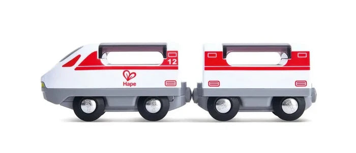 White and red Hape toy train with two connected cars, grey bases, and black wheels on a plain white background.