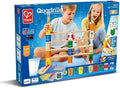 Blue box for a marble run toy showing two kids building a colorful wooden track with coding-themed blocks.