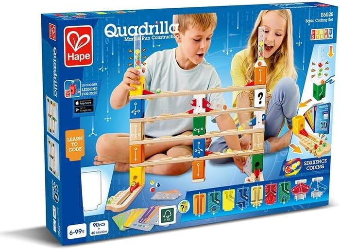 Blue Hape Quadrilla box showing two children building a colorful wooden marble run with tracks and coding blocks.