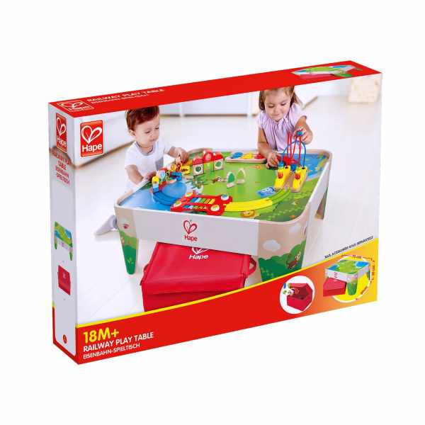 Hape toy box featuring a colorful wooden railway table with a bead maze and red storage bin underneath.