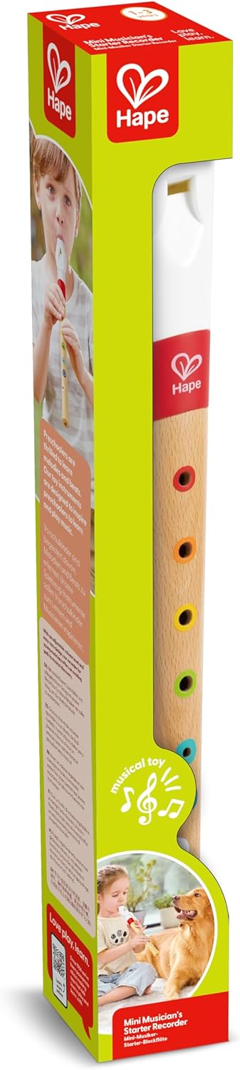 Tall green box displaying a wooden toy recorder with a white mouthpiece and multi-colored finger holes.