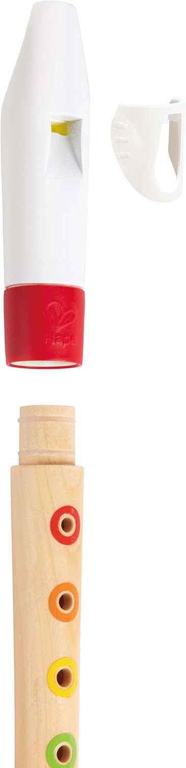 Wooden recorder with white mouthpiece, red band, and four finger holes outlined in red, orange, yellow, and green.