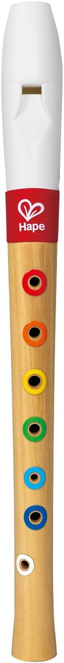 Toy recorder with white mouthpiece, red Hape logo band, and wooden body featuring seven rainbow-colored finger holes.