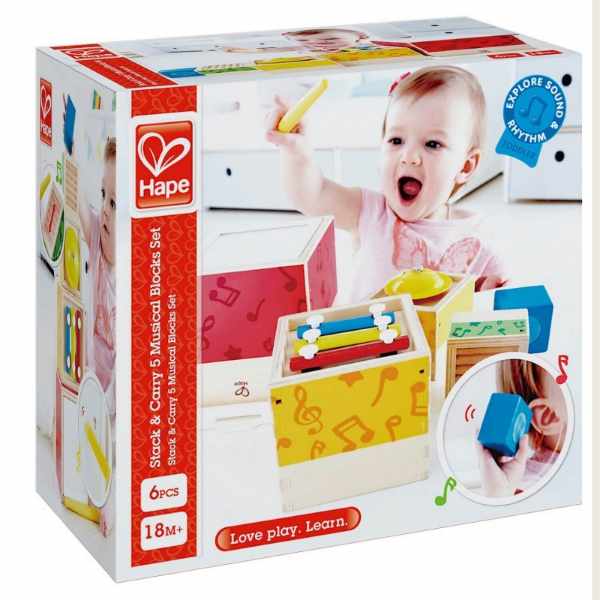 Box for wooden musical blocks showing a toddler playing with colorful xylophone, drum, and shaker-themed stacking cubes.
