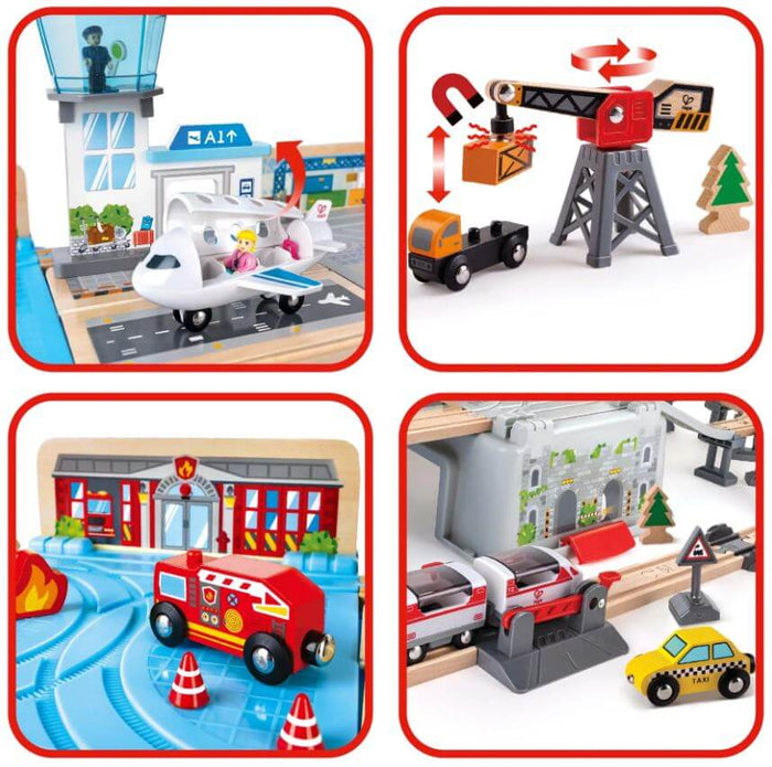 Collage of toy cityscape scenes featuring an airport, magnetic construction crane, fire station, and train station.