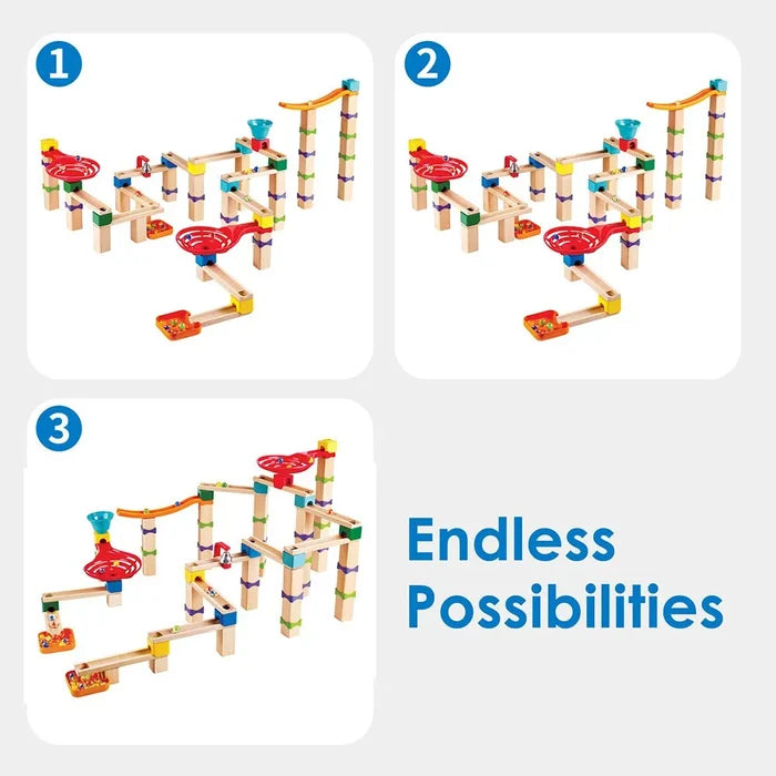 Three numbered wooden marble run designs with orange tracks and colorful funnels. Text: Endless Possibilities.