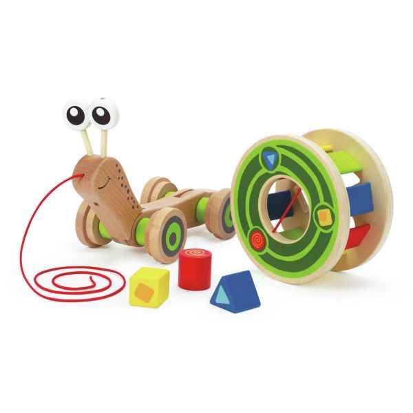 Wooden snail pull toy with big eyes, red string, and a removable green shape sorter shell with colorful blocks.