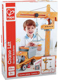 Hape box art for a 10-piece yellow wooden crane toy showing a boy playing and a matching dumper truck.