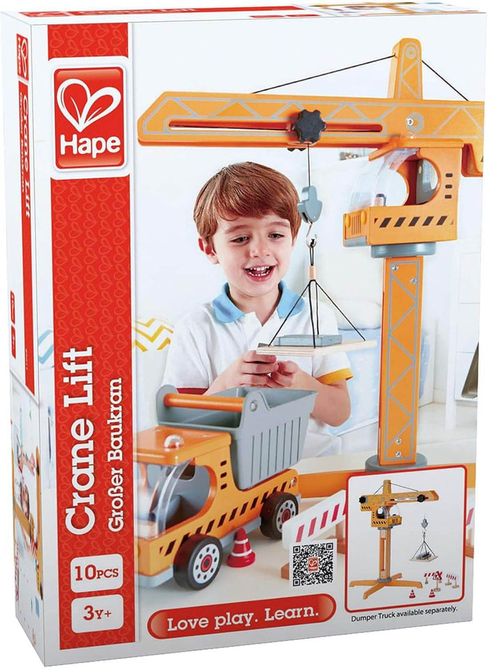 Hape box art for a 10-piece yellow wooden crane toy showing a boy playing and a matching dumper truck.
