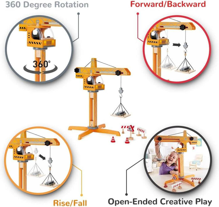 Yellow wooden toy crane showing 360 rotation, lifting hook, and sliding trolley features with play accessories.
