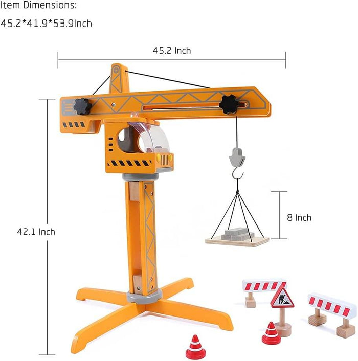 Orange wooden toy crane with a lifting platform, traffic cones, and signs. Product dimensions are labeled.