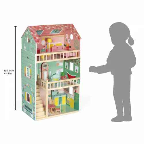 Three-story wooden dollhouse with furniture, shown with a child silhouette for scale. Height 41.5 inches.