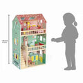 Three-story wooden dollhouse with furniture, shown with a child silhouette for scale. Height 41.5 inches.