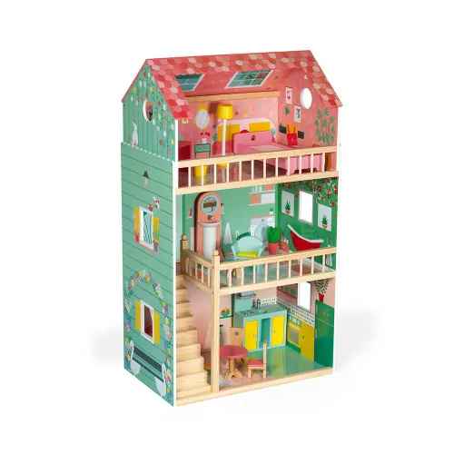 Three-story wooden dollhouse with pink roof, green walls, balconies, stairs, and vibrant miniature furniture in each room.