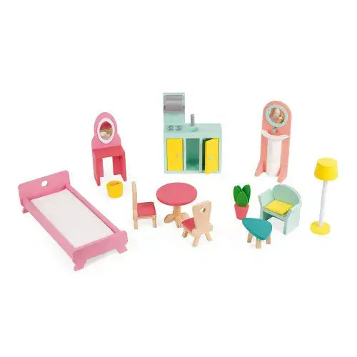Pastel wooden dollhouse furniture including a pink bed, mint kitchen, dining set, armchair, and yellow floor lamp.