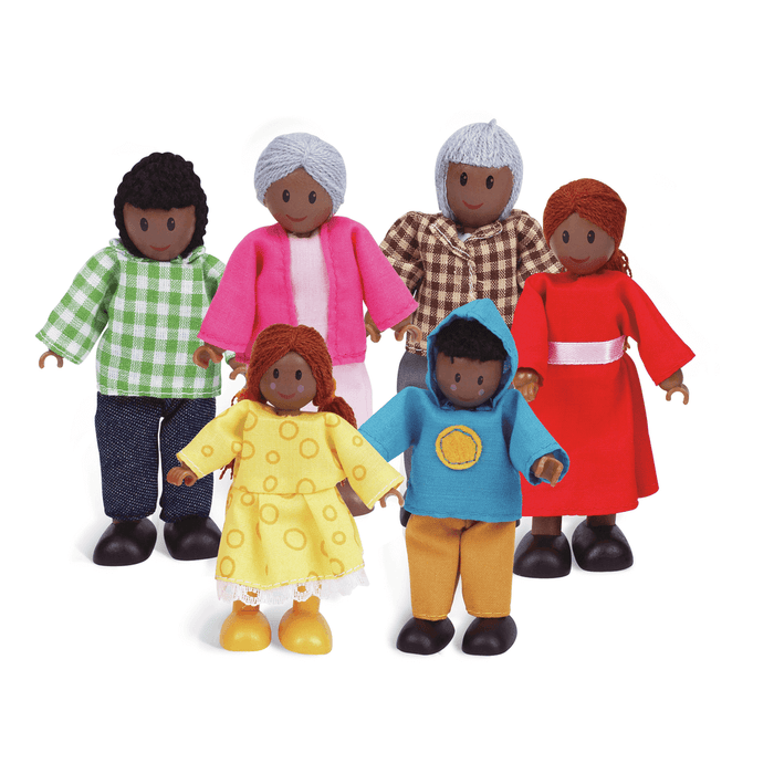 Six African American dollhouse figures in colorful clothes like a red dress, blue hoodie, and yellow polka dot dress.