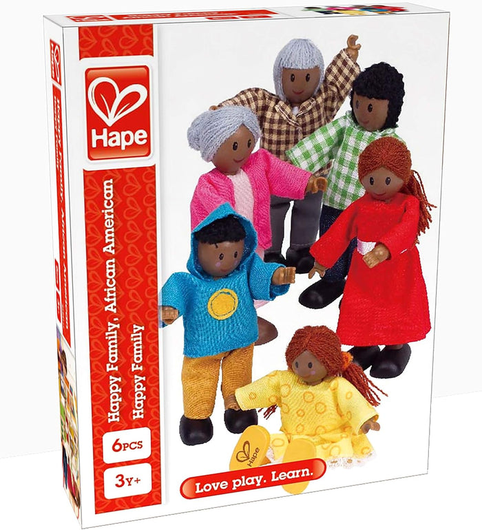 Six African American dollhouse figures in bright outfits like a red dress and blue hoodie inside a Hape toy box.