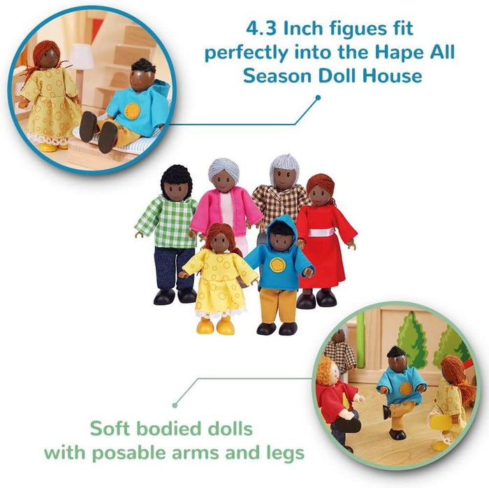 Six posable African American dolls in colorful outfits, shown standing and sitting in a dollhouse setting.