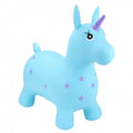 Inflatable turquoise unicorn toy with four legs, a purple horn, and purple star patterns on its sides.