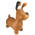 Brown inflatable dog hopping toy with upright ears, a black nose, and a bone-shaped collar tag.