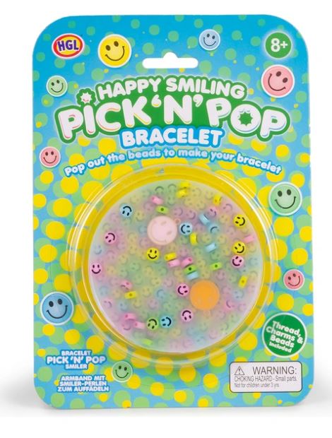 DIY bracelet kit in a blue and yellow polka dot blister pack with pastel smiley face beads inside a round window.