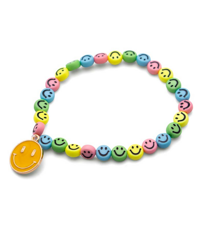 Colorful beaded bracelet featuring pink, blue, yellow, and green smiley face beads and a large yellow smiley charm.