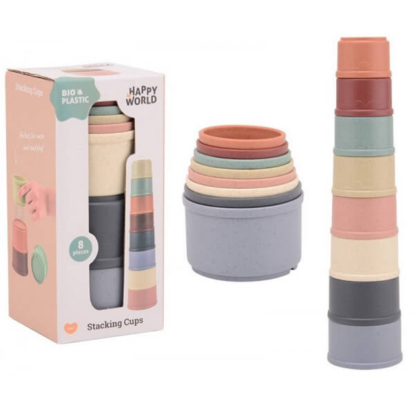 8 muted earth-toned stacking cups shown in a tall tower, nested together, and in their original packaging box.