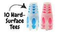 Two stacks of blue and pink cone-shaped golf tees with cutouts next to text reading 10 Hard-Surface Tees.