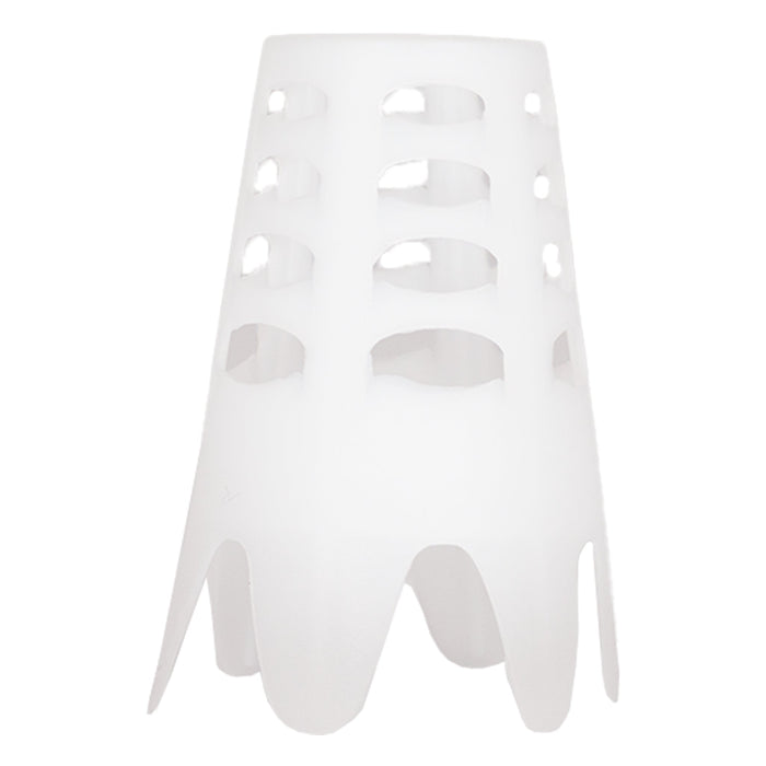 A white, conical plastic golf tee featuring oval cutouts along the sides and a jagged base.