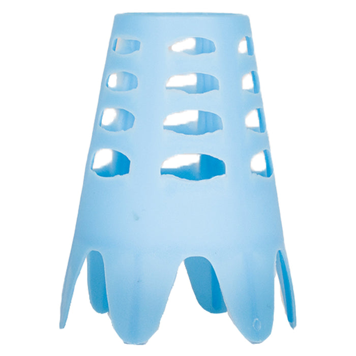 Light blue perforated cone golf tee with horizontal oval cutouts and a jagged, crown-style base.