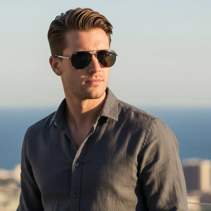 Polarized sunglasses with blue light blocking lenses and hydrophobic coating, available in four colors with case.