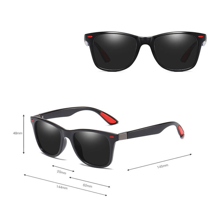 Sport sunglasses with HD polarized lenses, anti-blue ray coating, hydrophobic finish, available in four colors.